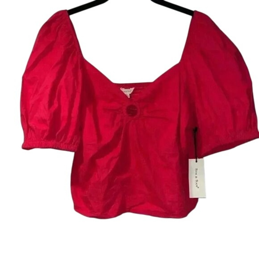 Romantic Puff Sleeve Crop Top with Sweetheart Neckline in‎ Pink Flame XL A30